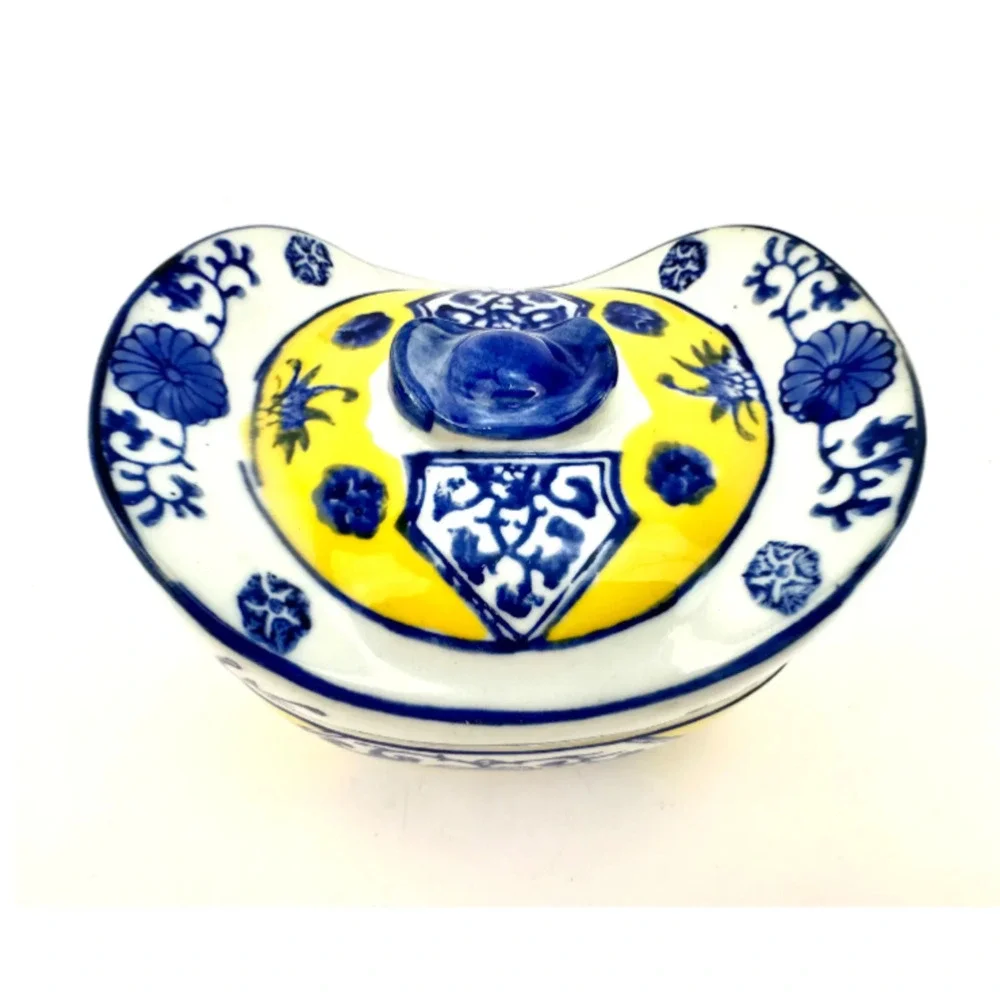 Chinese Vintage 1950s White, Yellow, and Blue Lucky Ingots Shaped Porcelain Box